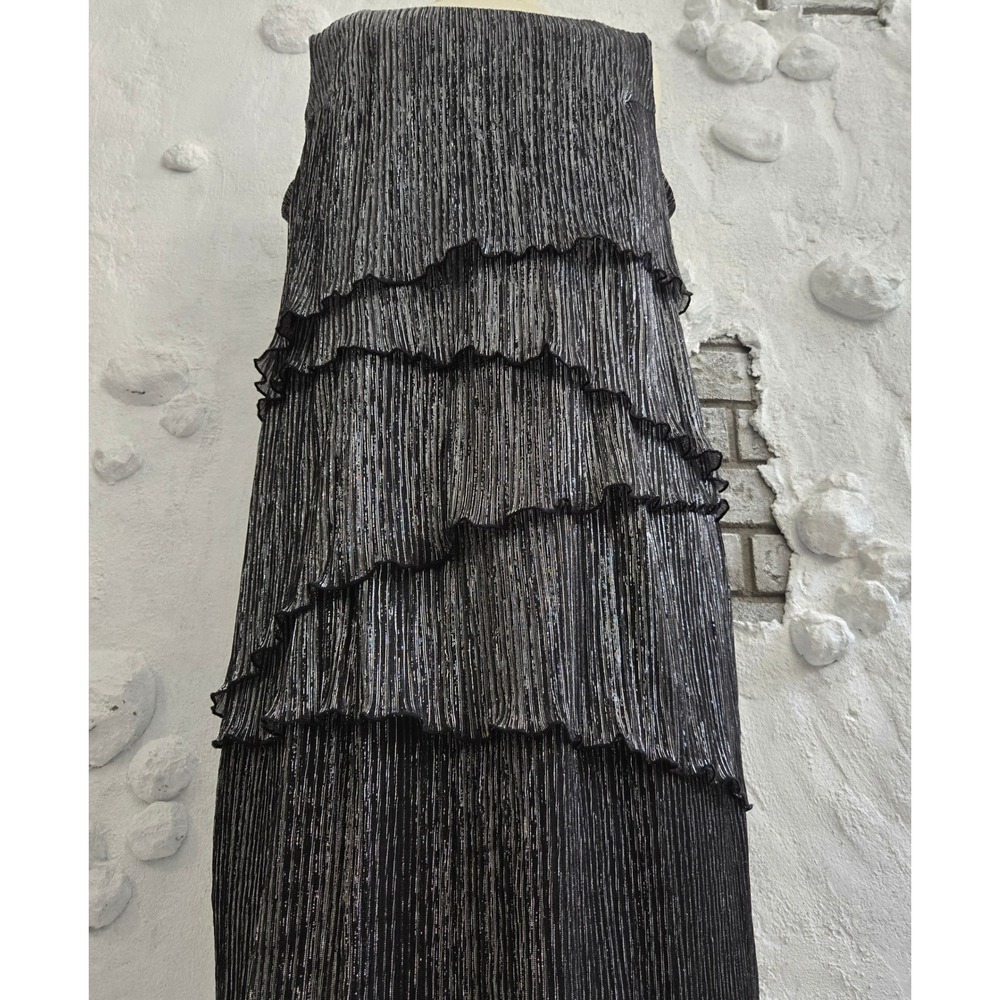 Connected Apparel Women Black Silver Metallic Tiered Plissé Cocktail Dress 16W - Picture 2 of 15